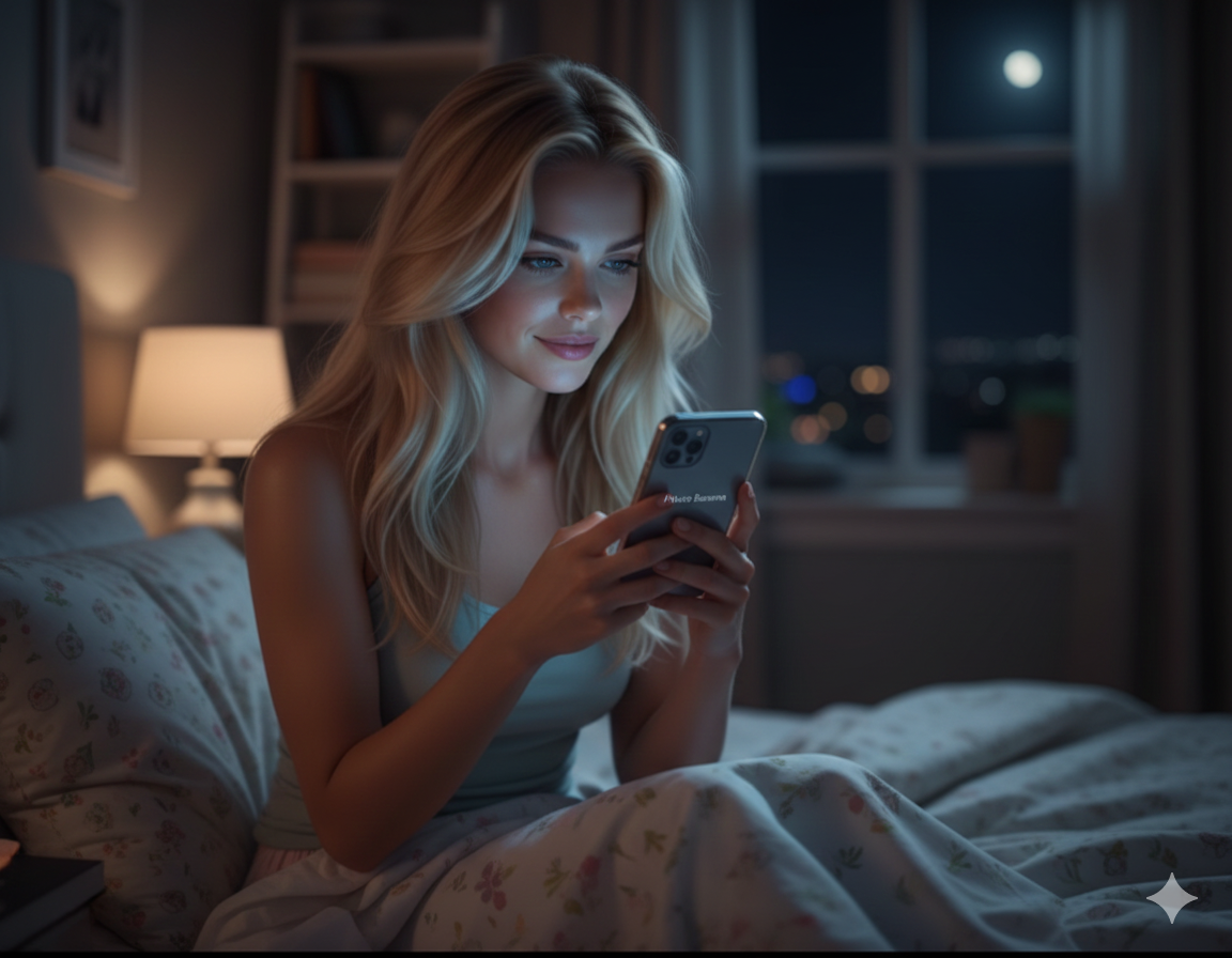 Woman using AI girlfriend app on smartphone at night